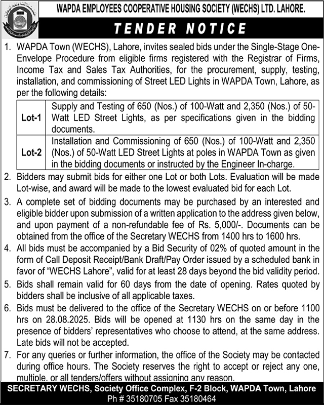 Wapda Employees Cooperative Housing Society Lahore Tender Notice